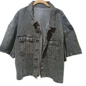 Casual Women's Half-Sleeved Grey Denim Jacket Size:XXL